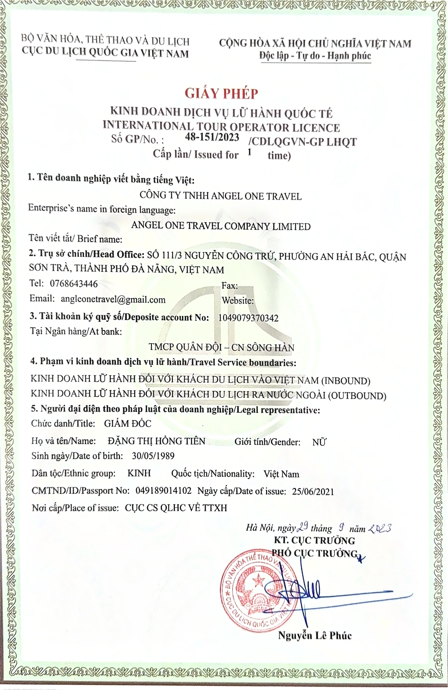 Giấy phép kinh doanh Angel One Travel